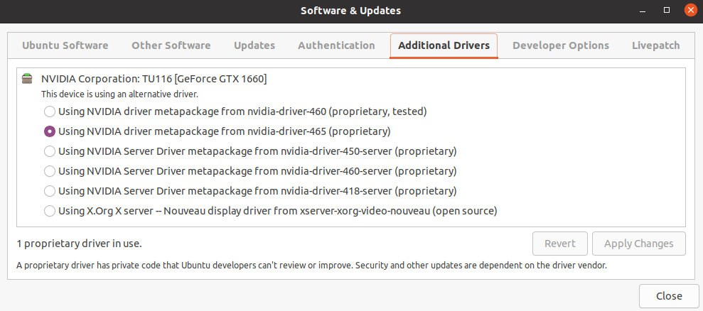 additional drivers dialog box in ubuntu